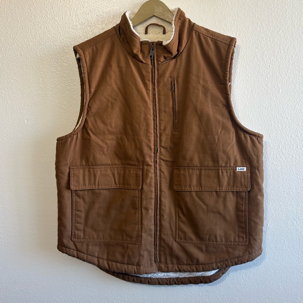 Lee Men’s Large Tan Sherpa Lined Duck Canvas Full Zip Vest Workwear Utility